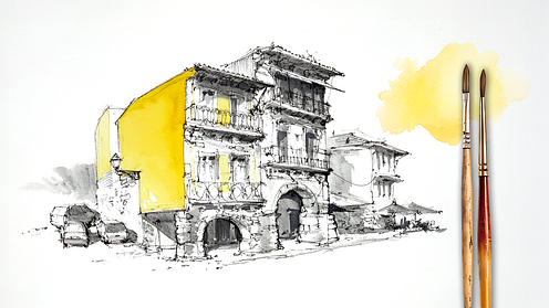 Cours guidé: dessinez des bâtiments urbains avec de l'encre et de l'aquarelle